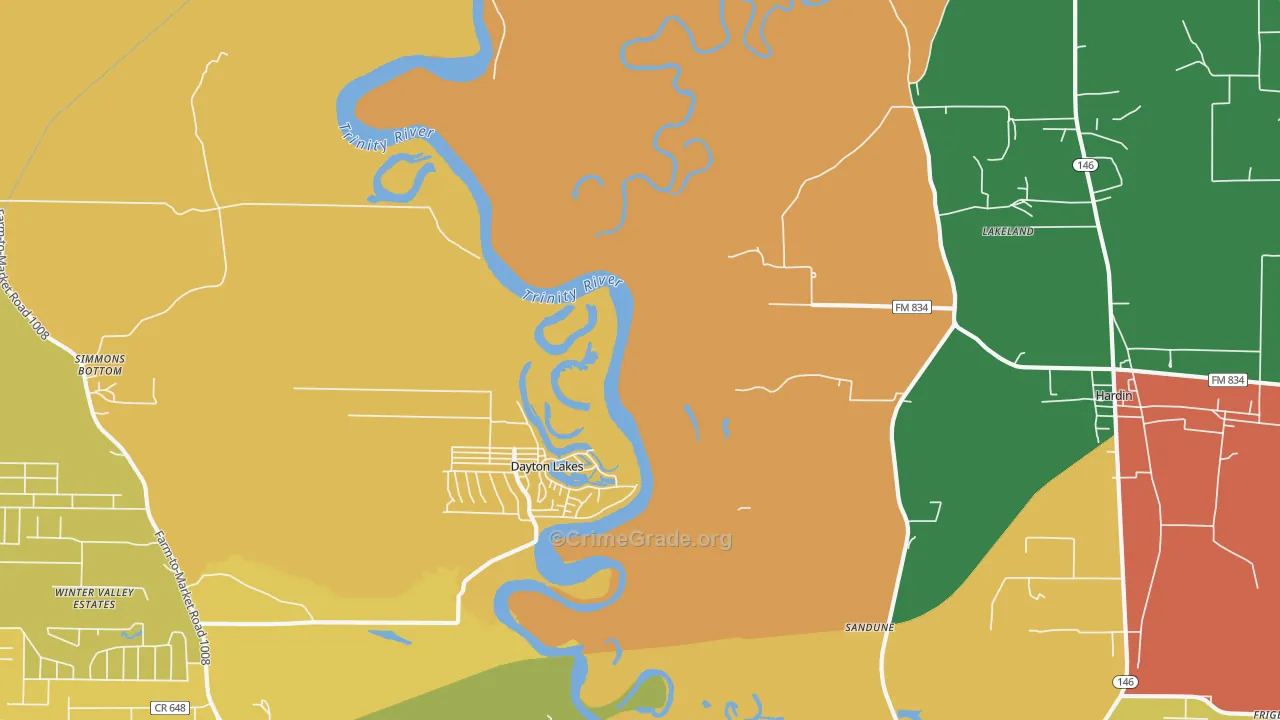 Dayton Lakes, TX Map of Theft Rates