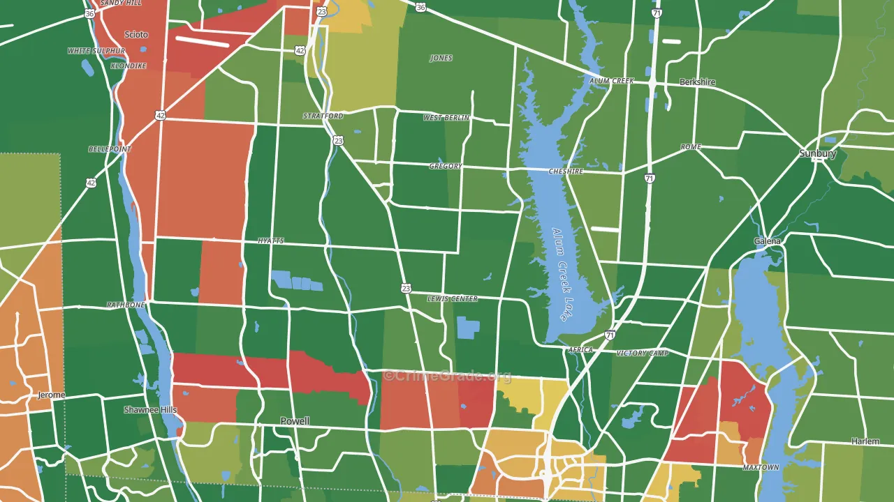 Delaware County, OH Map of Theft Rates