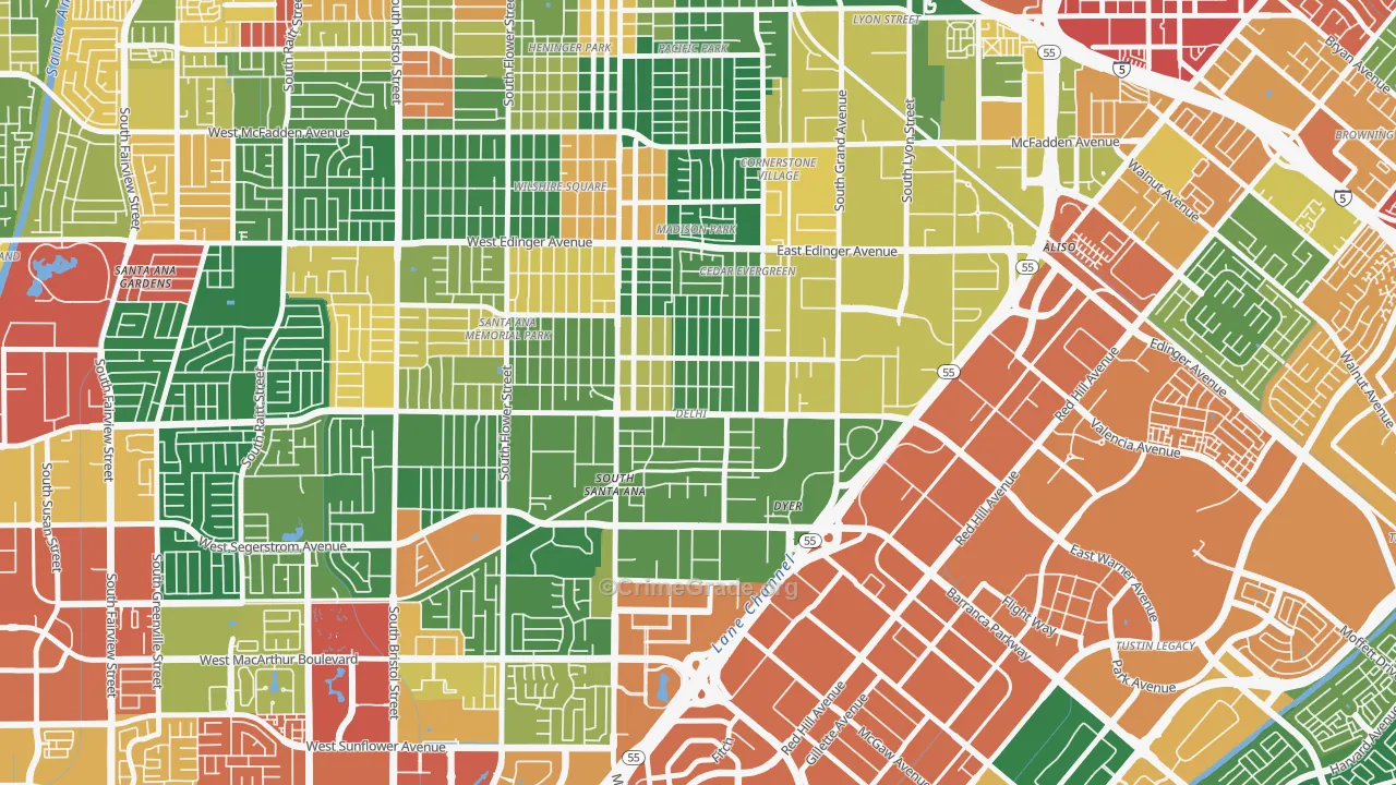 Delhi, Santa Ana, CA Map of Theft Rates