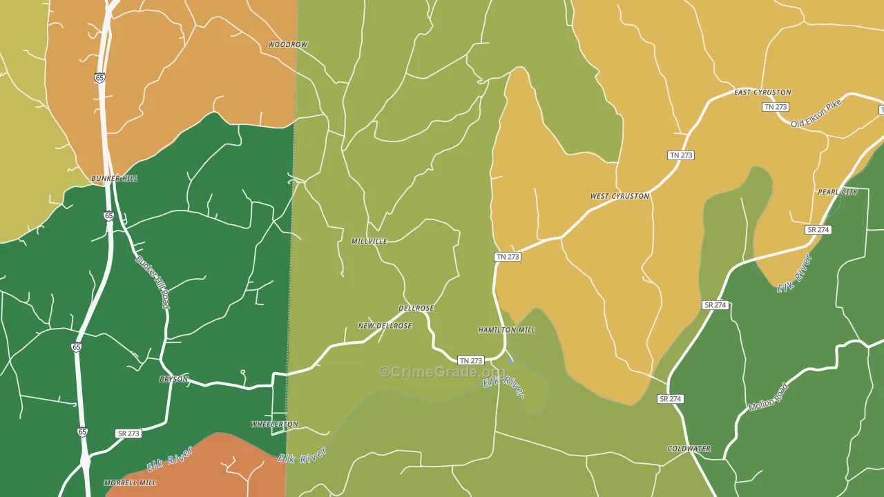 Dellrose, TN Map of Theft Rates