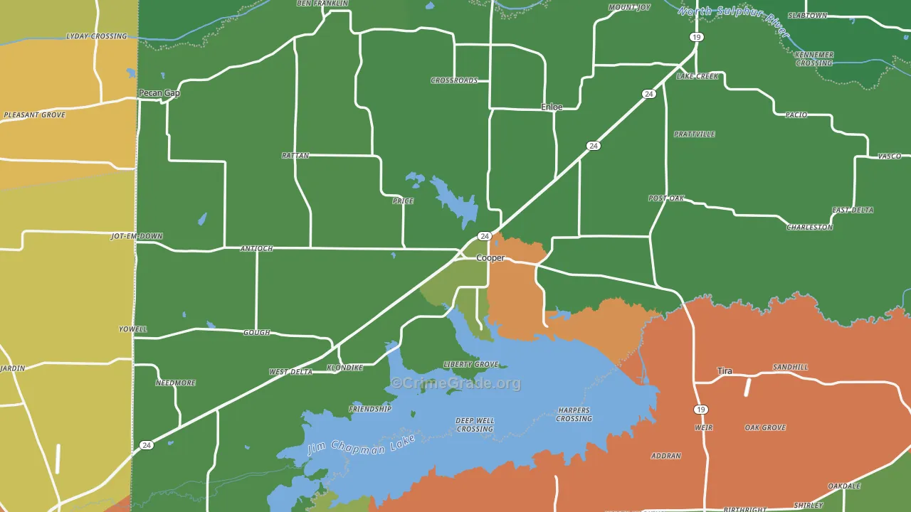 Delta County, TX Map of Theft Rates