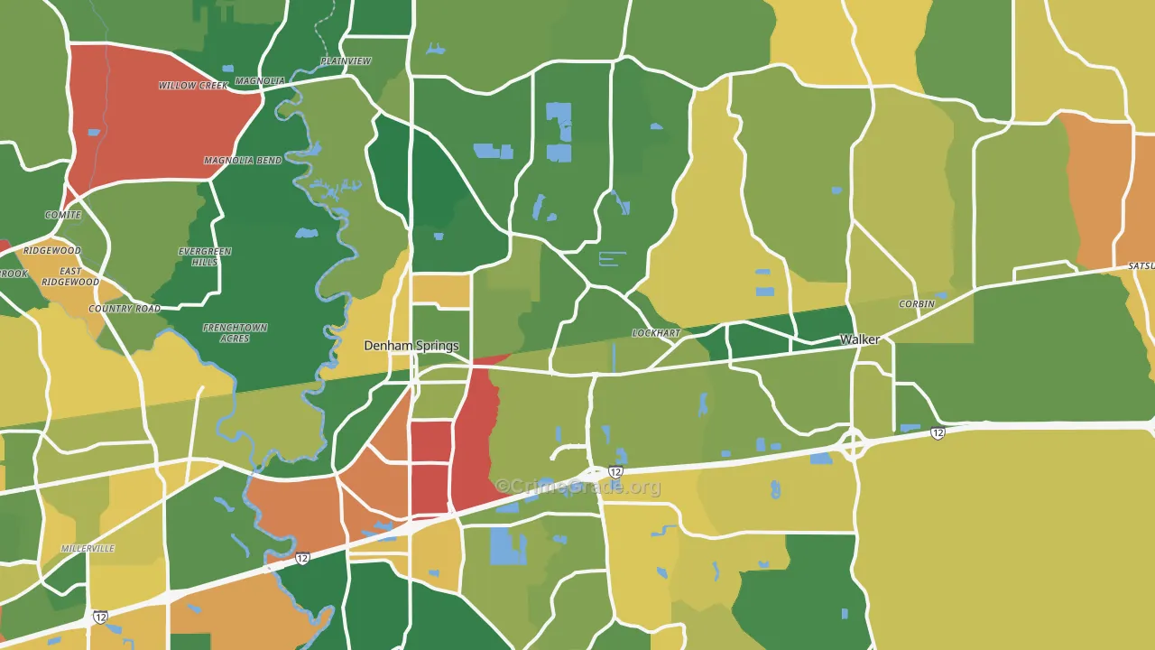 Denham Springs, LA Map of Theft Rates