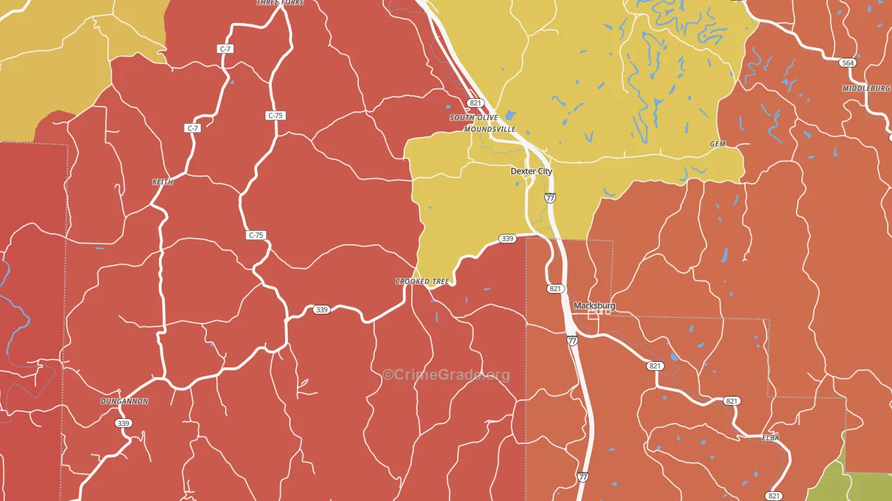 Dexter City, OH Map of Theft Rates