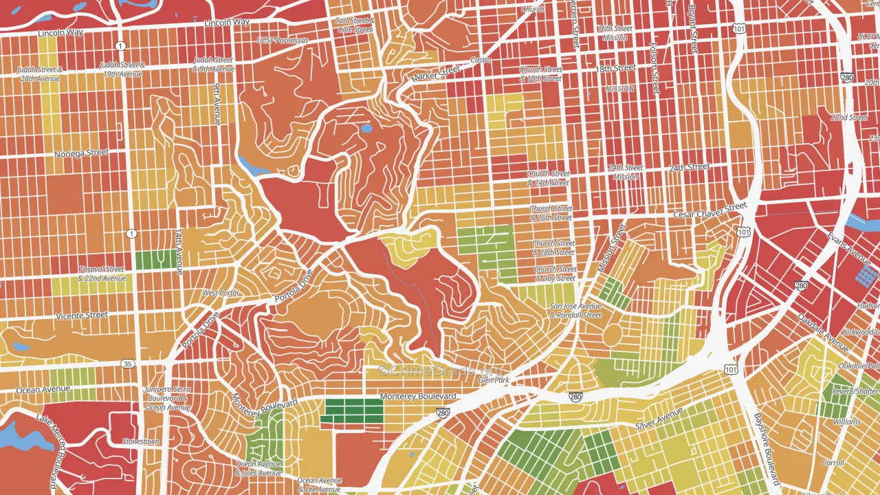 Diamond Heights, San Francisco, CA Map of Theft Rates