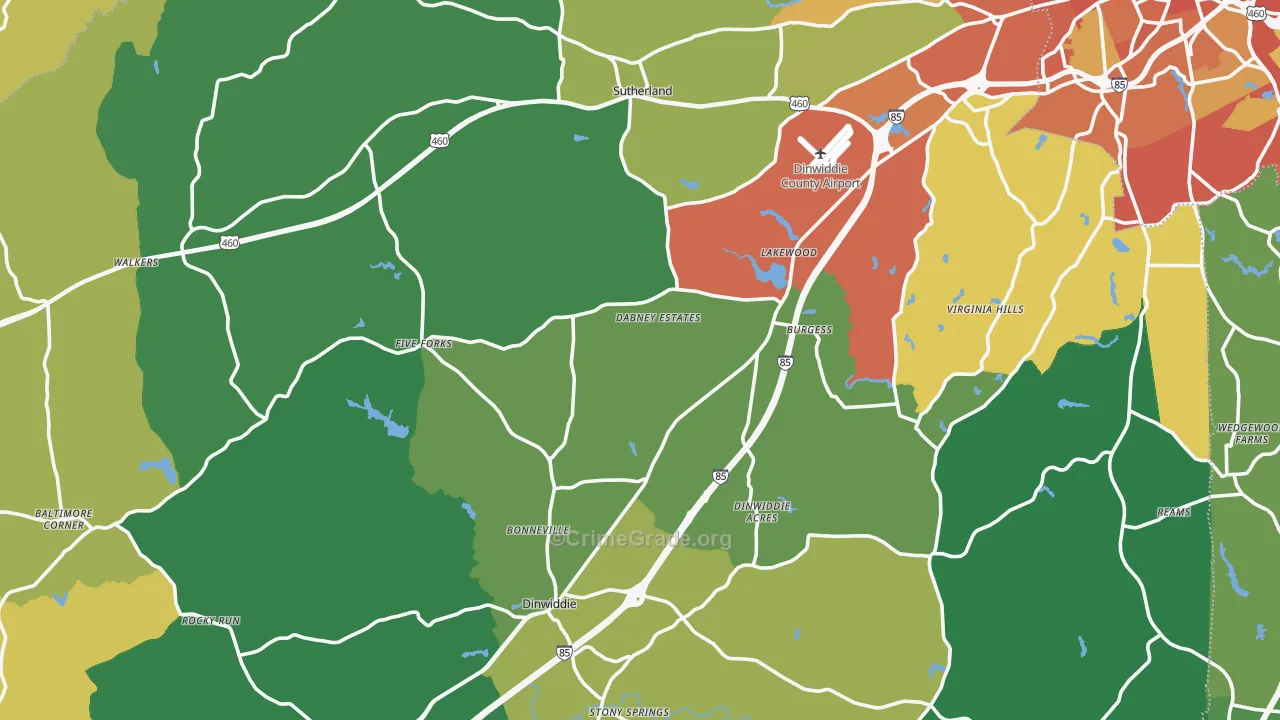 Dinwiddie County, VA Map of Theft Rates