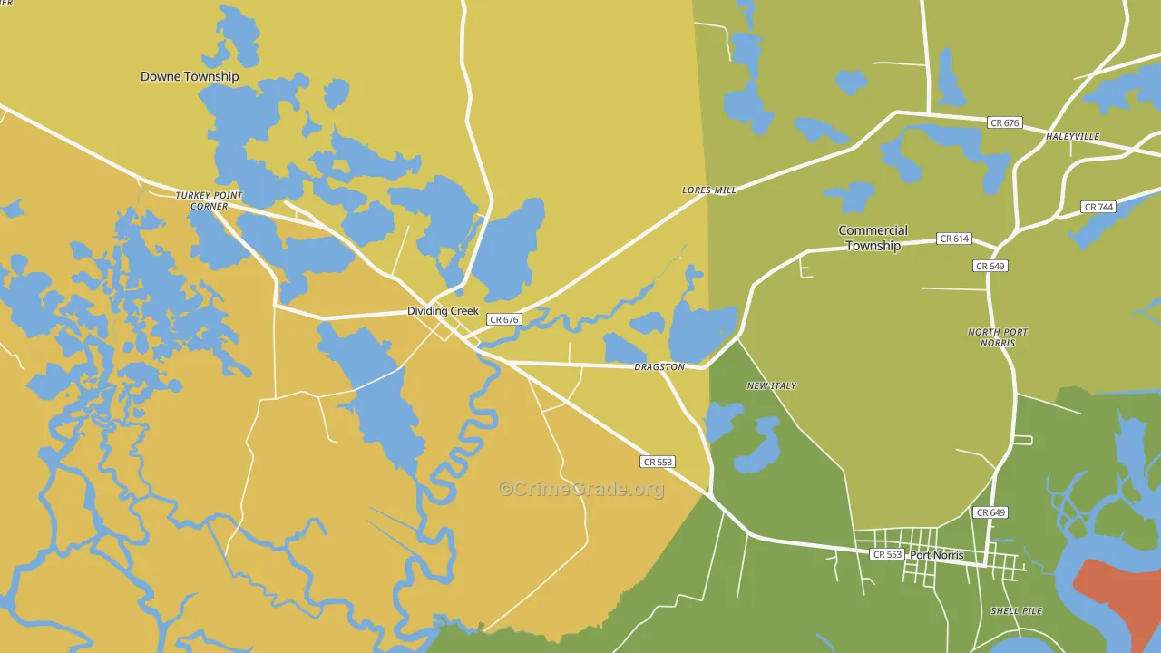 Dividing Creek, NJ Map of Theft Rates