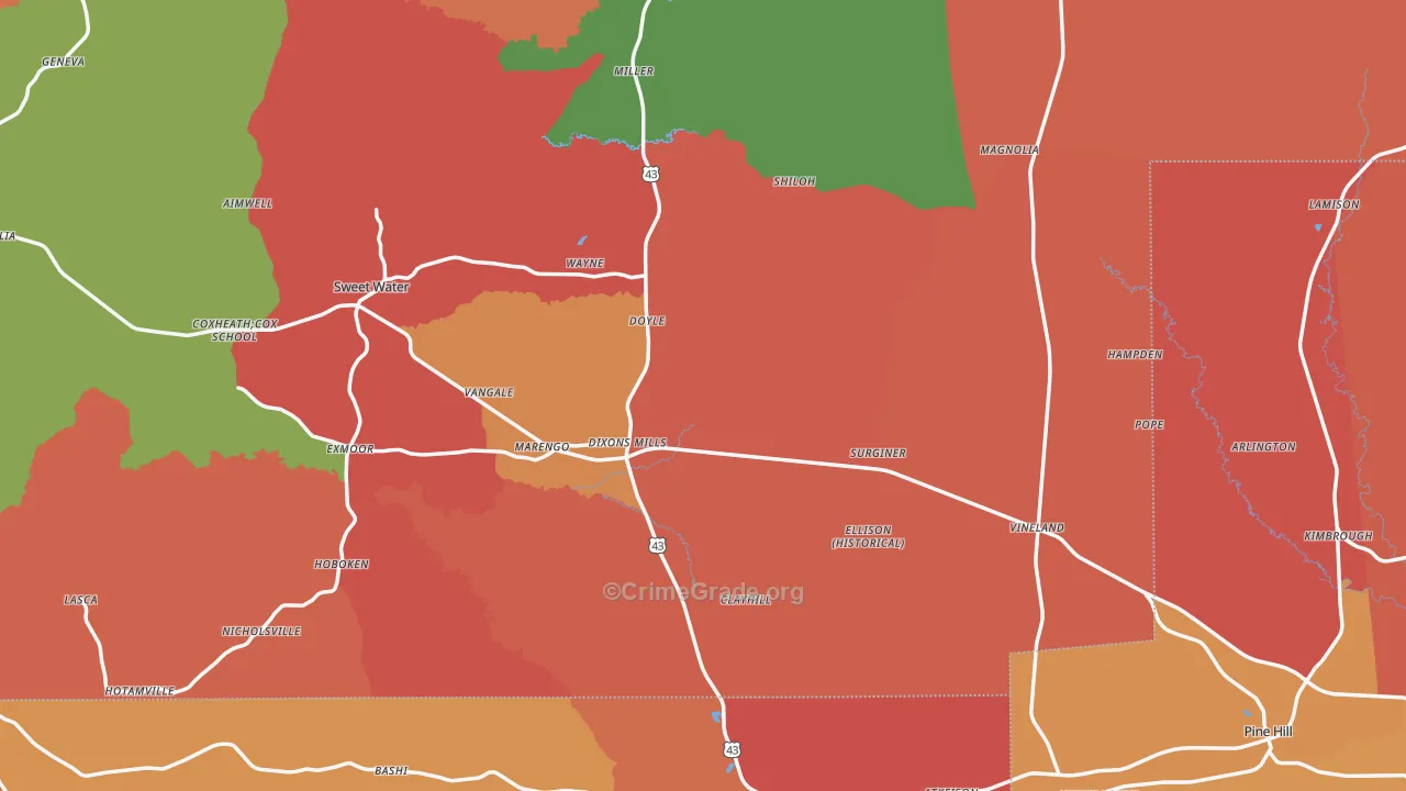 Dixons Mills, AL Map of Theft Rates