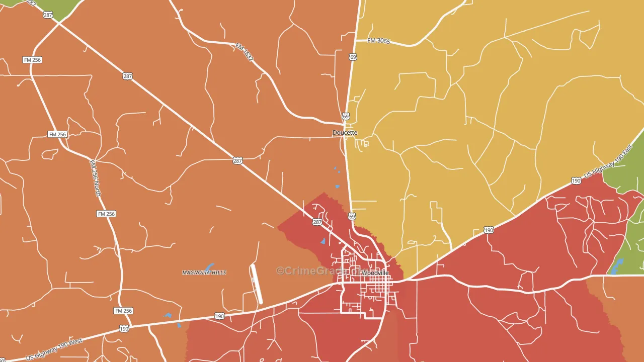 Doucette, TX Map of Theft Rates