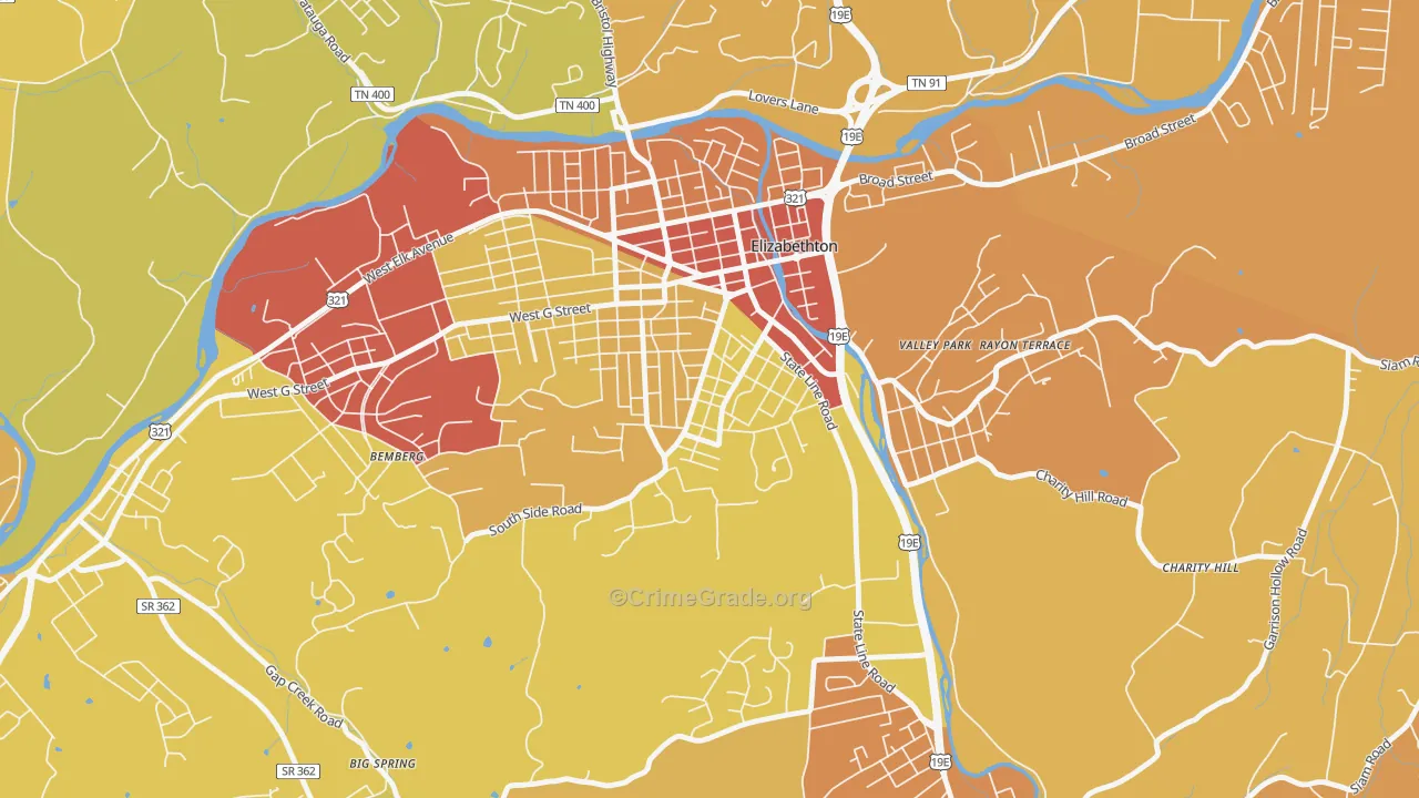 Douglas, Elizabethton, TN Map of Theft Rates
