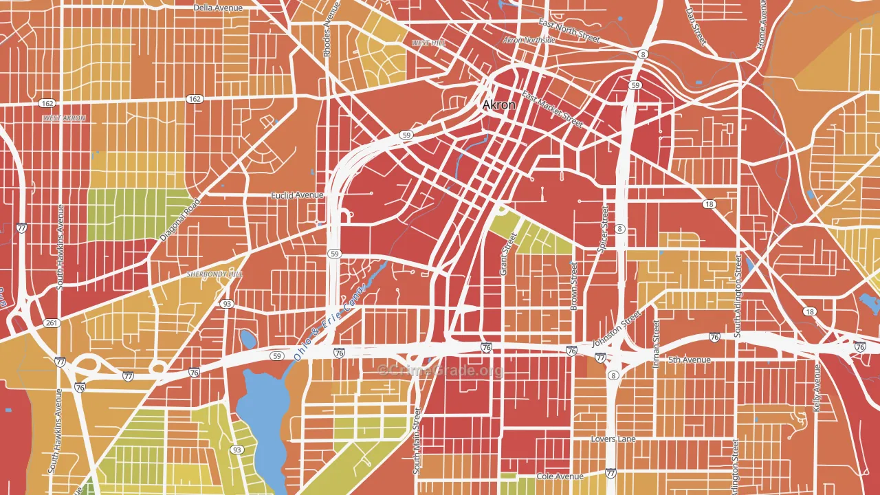 Downtown Akron, Akron, OH Map of Theft Rates