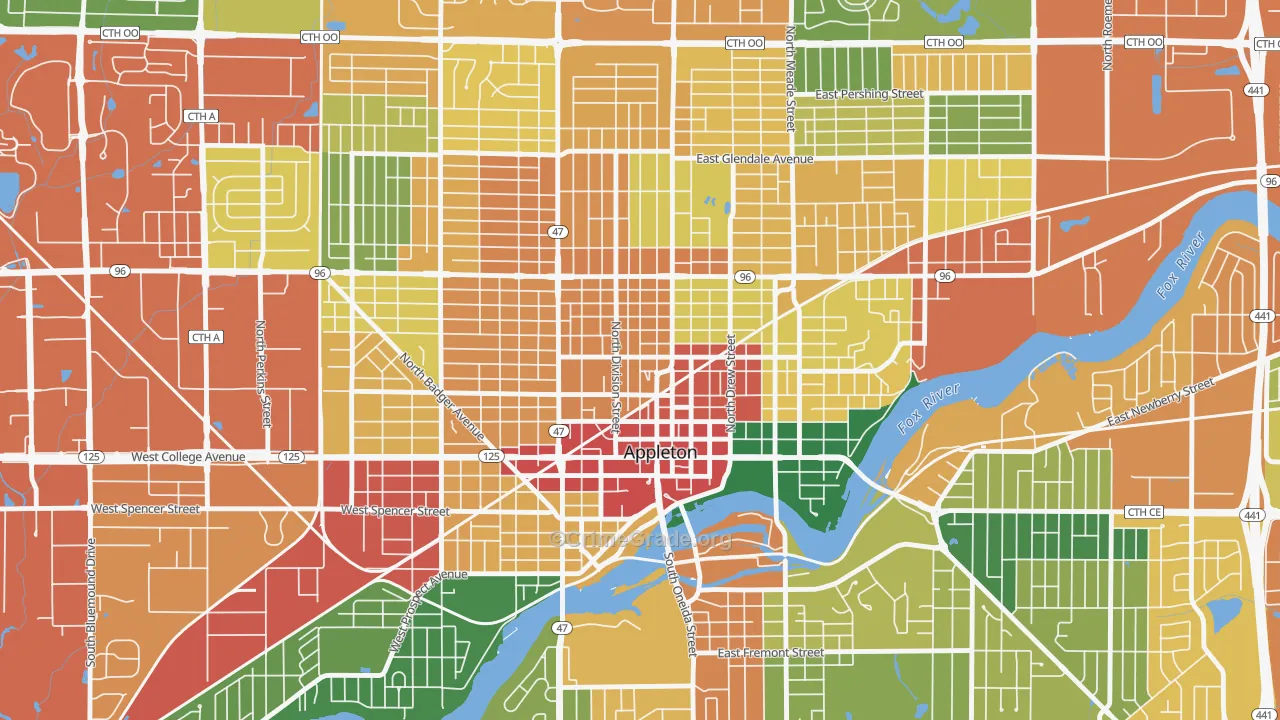 Downtown Appleton, Appleton, WI Map of Theft Rates