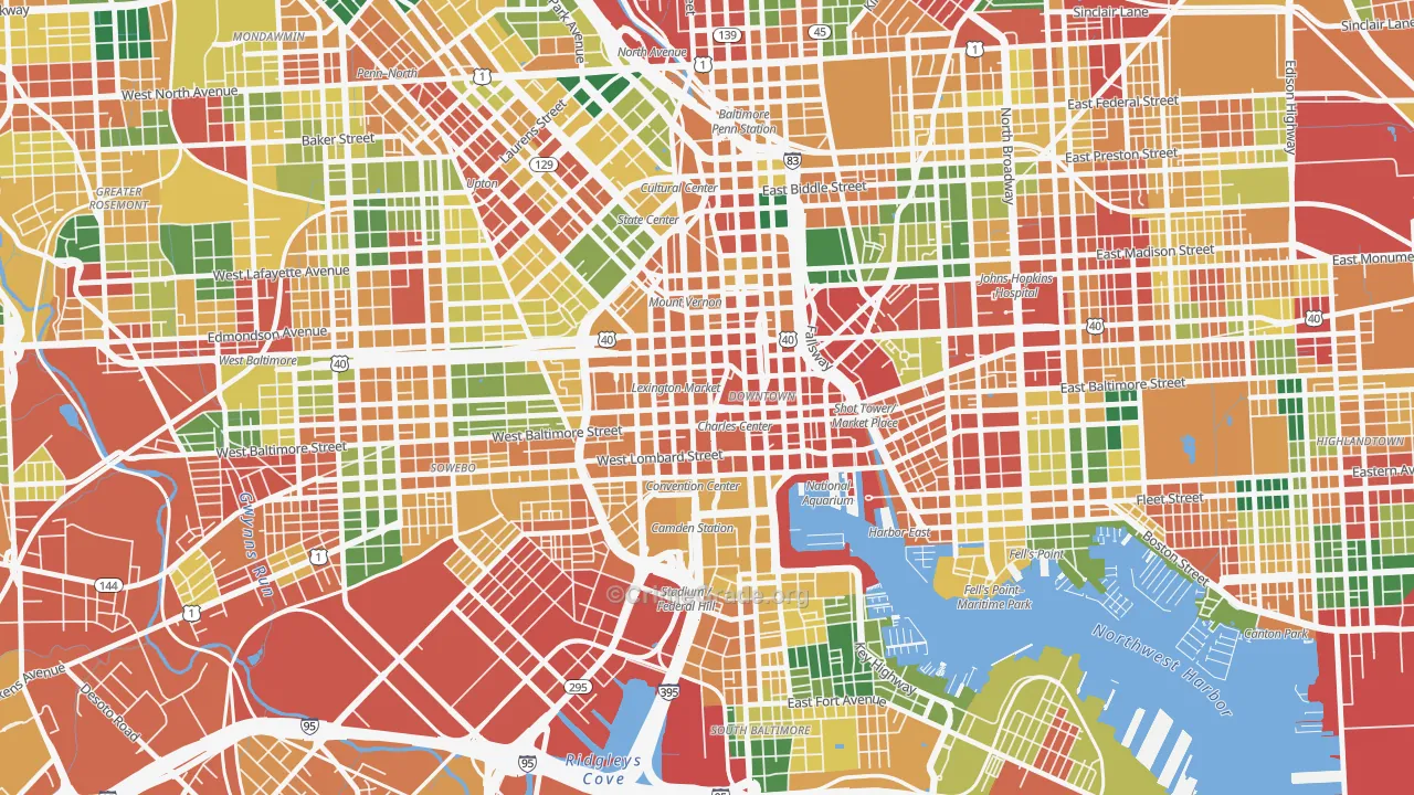 Downtown, Baltimore, MD Map of Theft Rates