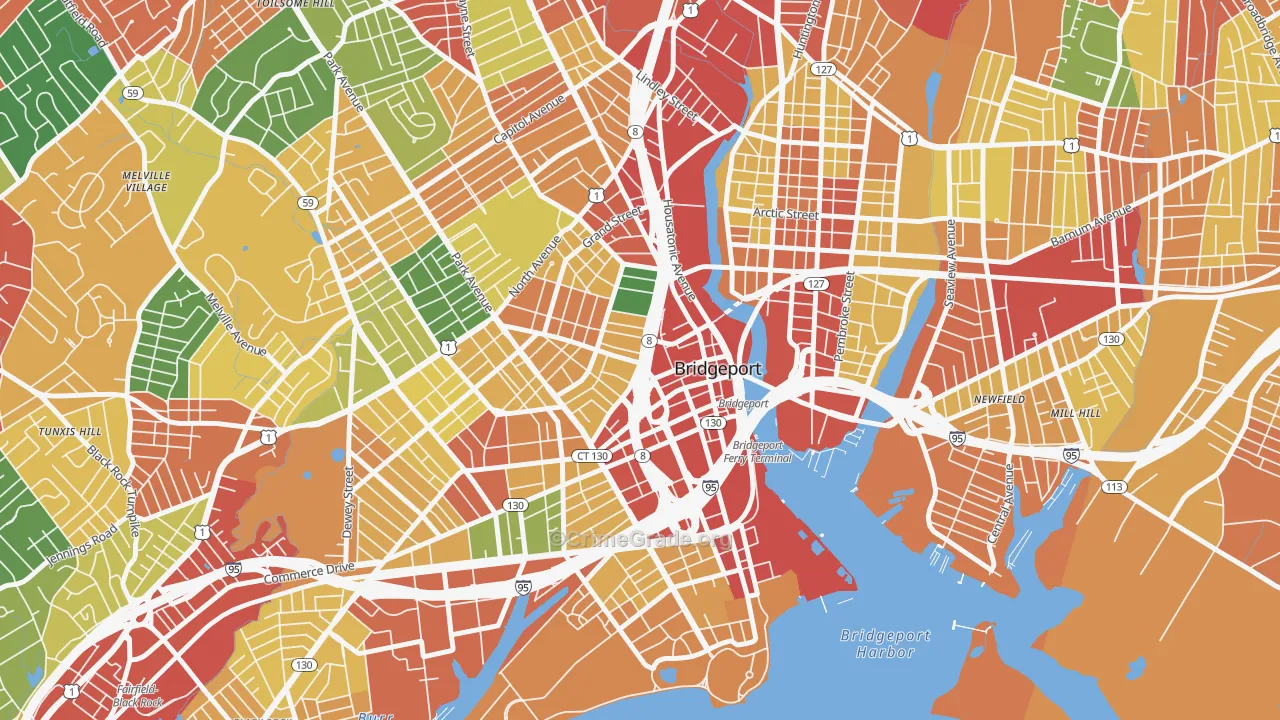 Downtown Bridgeport, Bridgeport, CT Map of Theft Rates