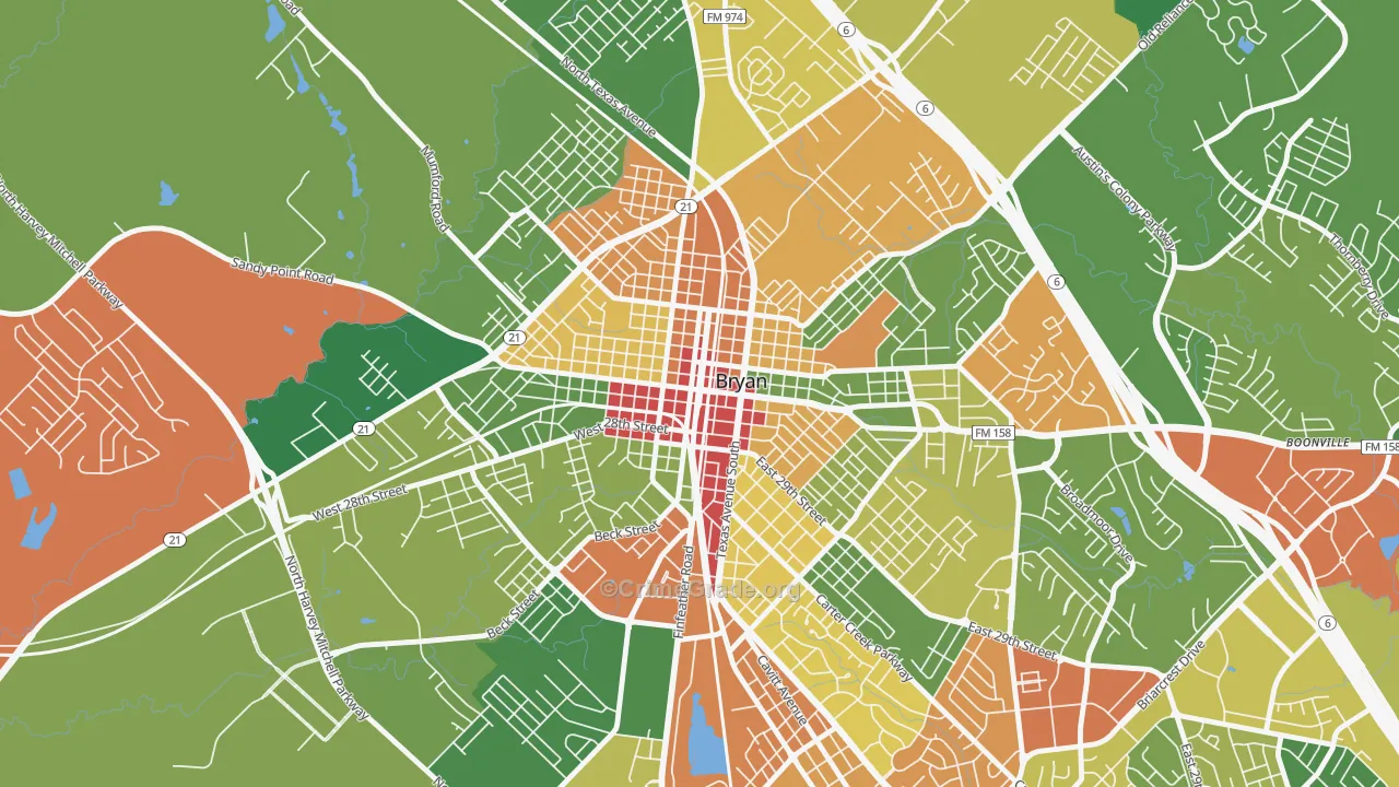 Downtown Bryan, Bryan, TX Map of Theft Rates