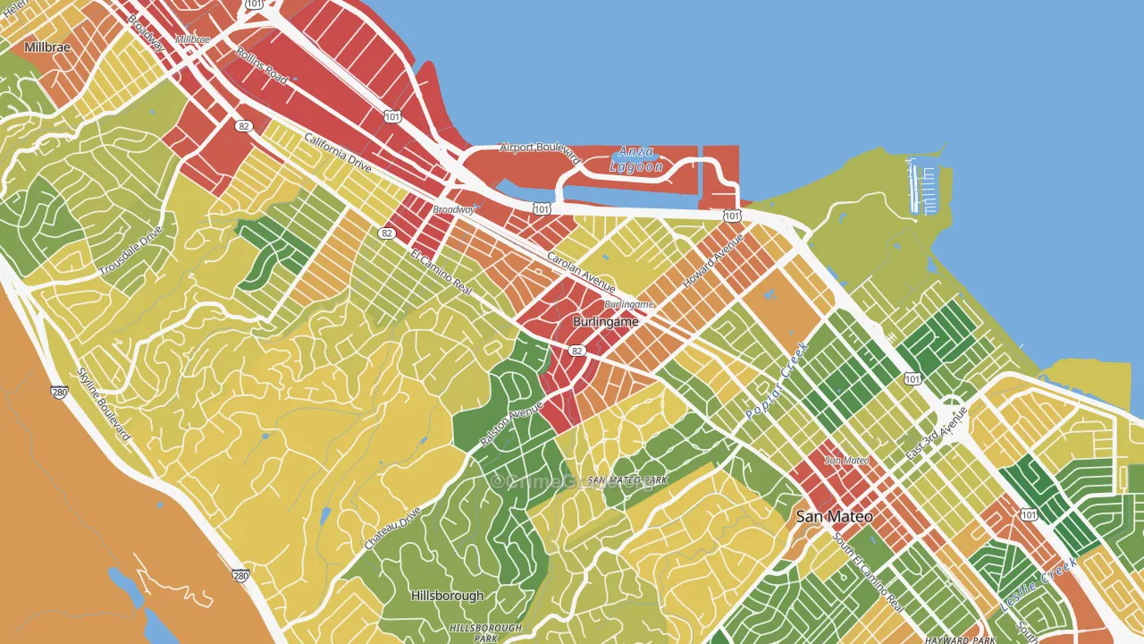 Downtown Burlingame, Burlingame, CA Map of Theft Rates