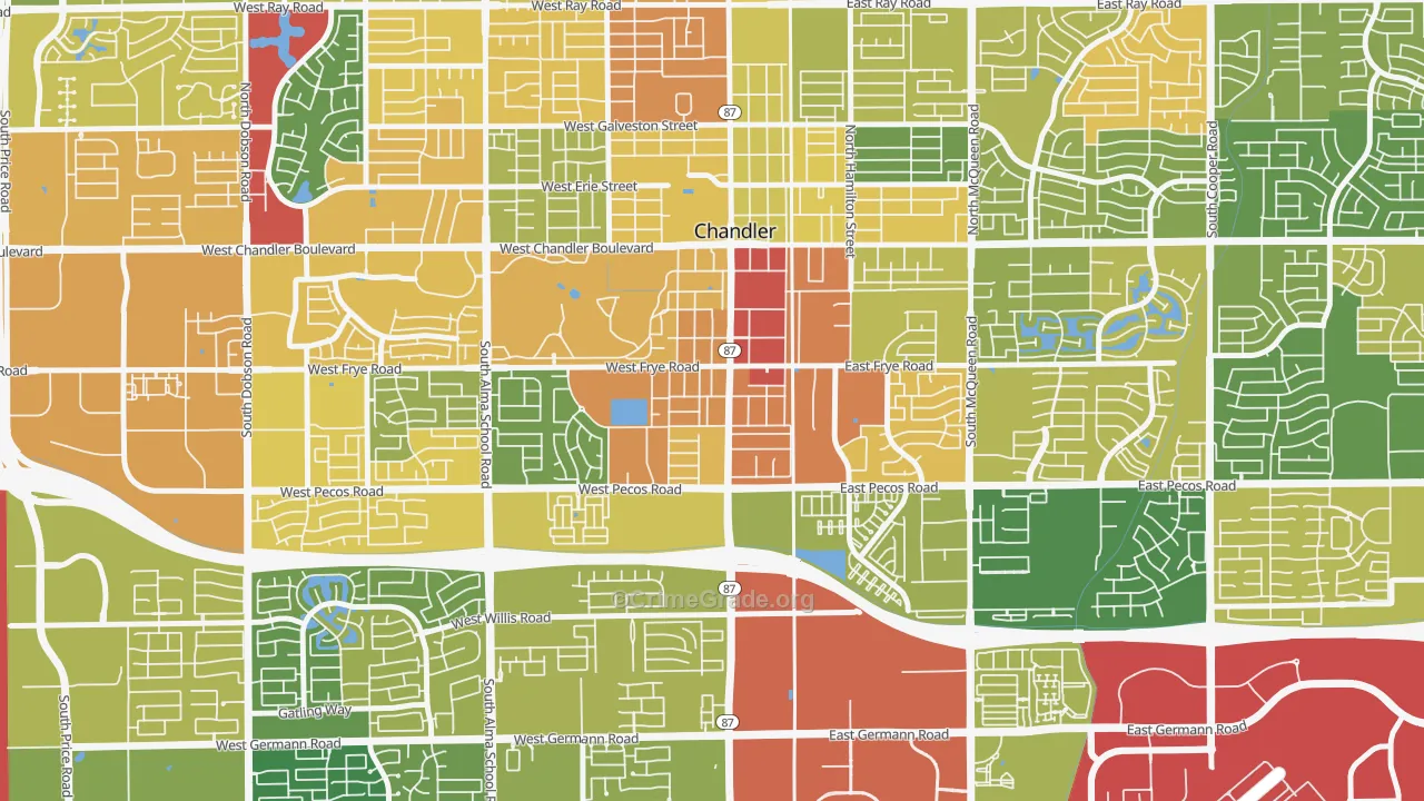 Downtown Chandler, Chandler, AZ Map of Theft Rates