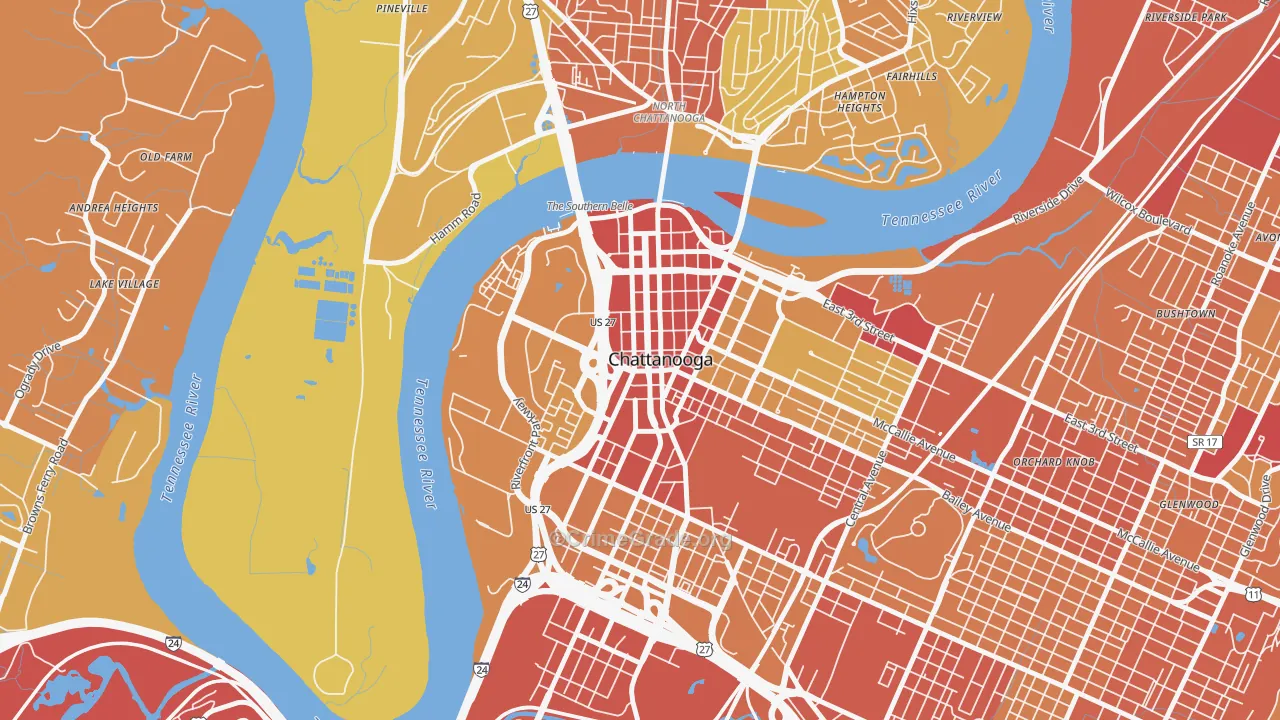 Downtown Chattanooga, Chattanooga, TN Map of Theft Rates
