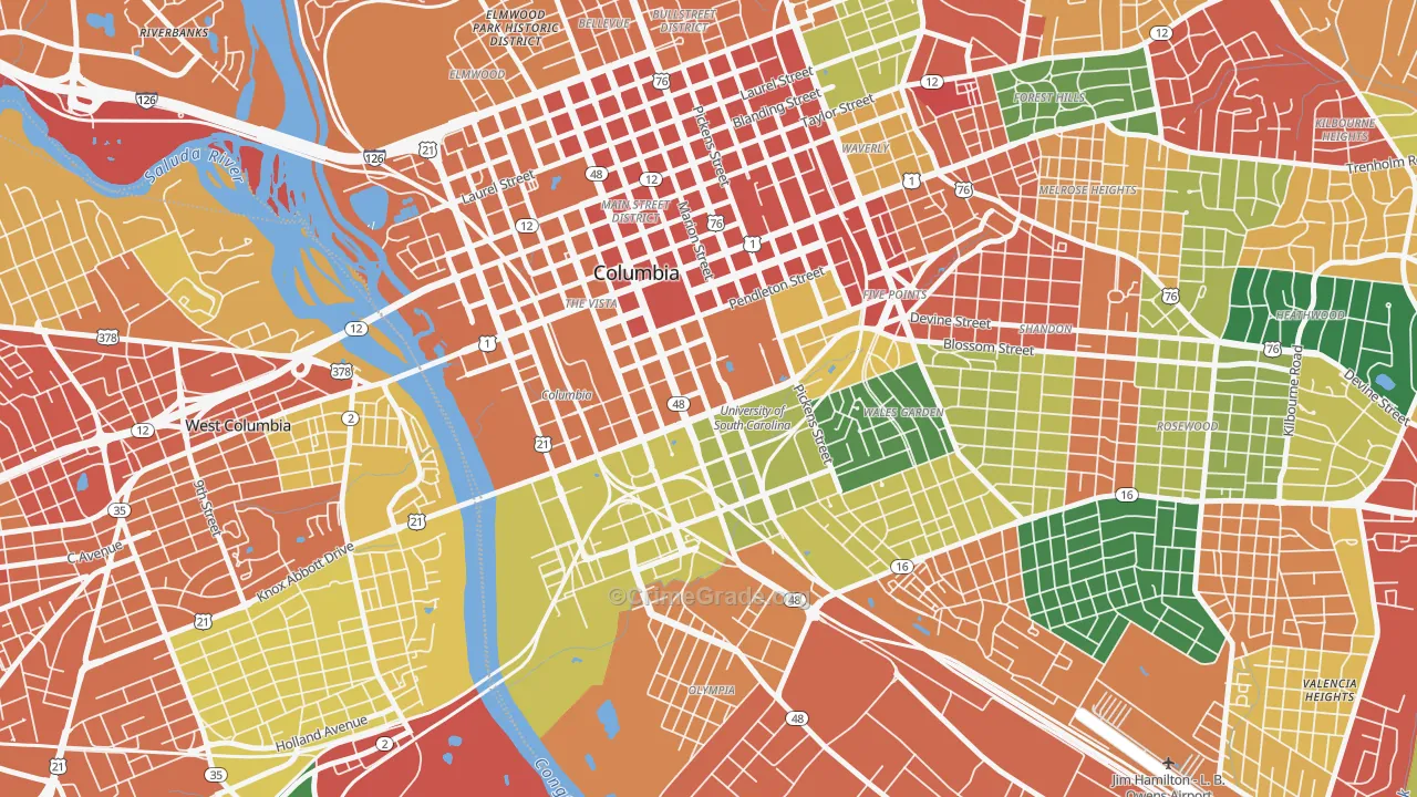Downtown Columbia, Columbia, SC Map of Theft Rates