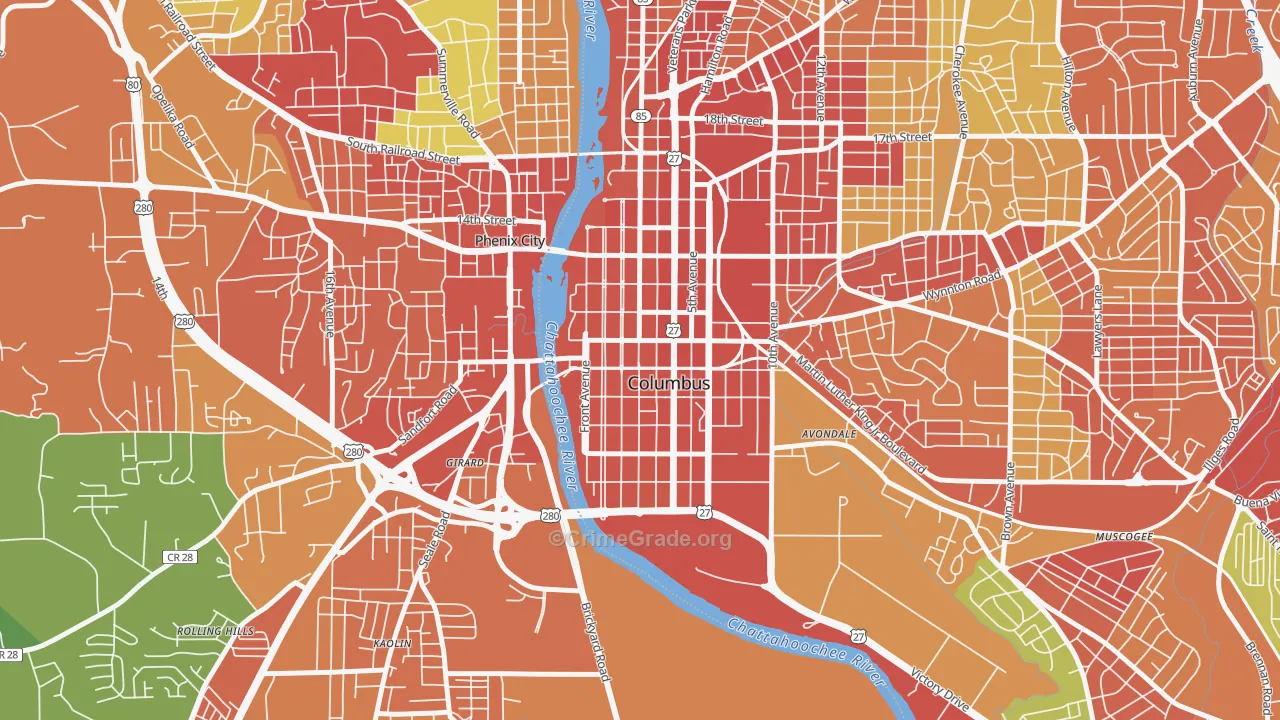 Downtown Columbus, Columbus, GA Map of Theft Rates