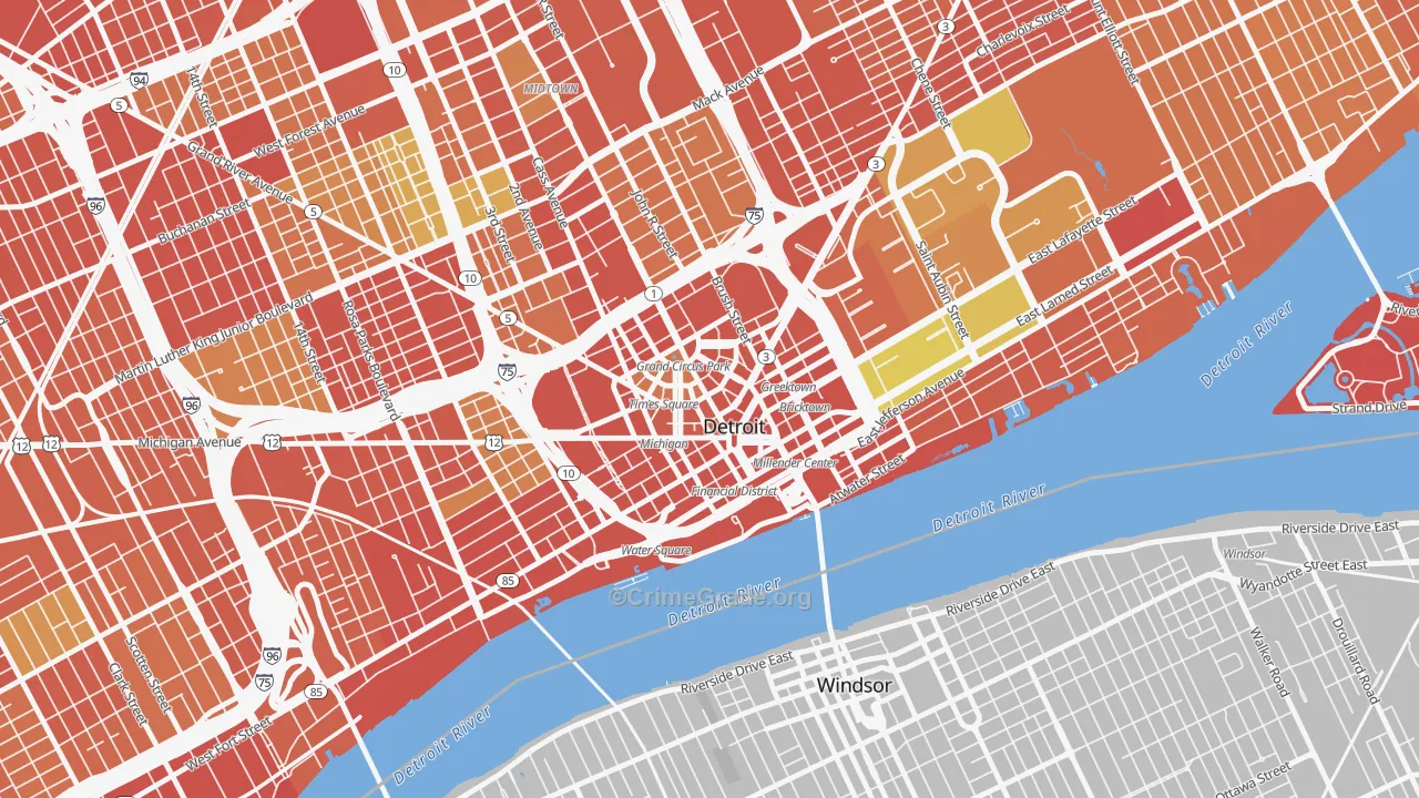 Downtown Detroit, Detroit, MI Map of Theft Rates