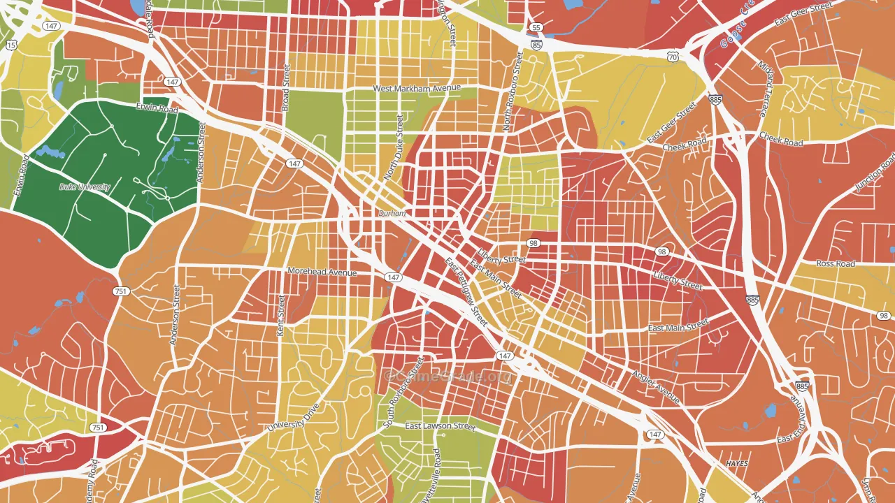 Downtown Durham, Durham, NC Map of Theft Rates