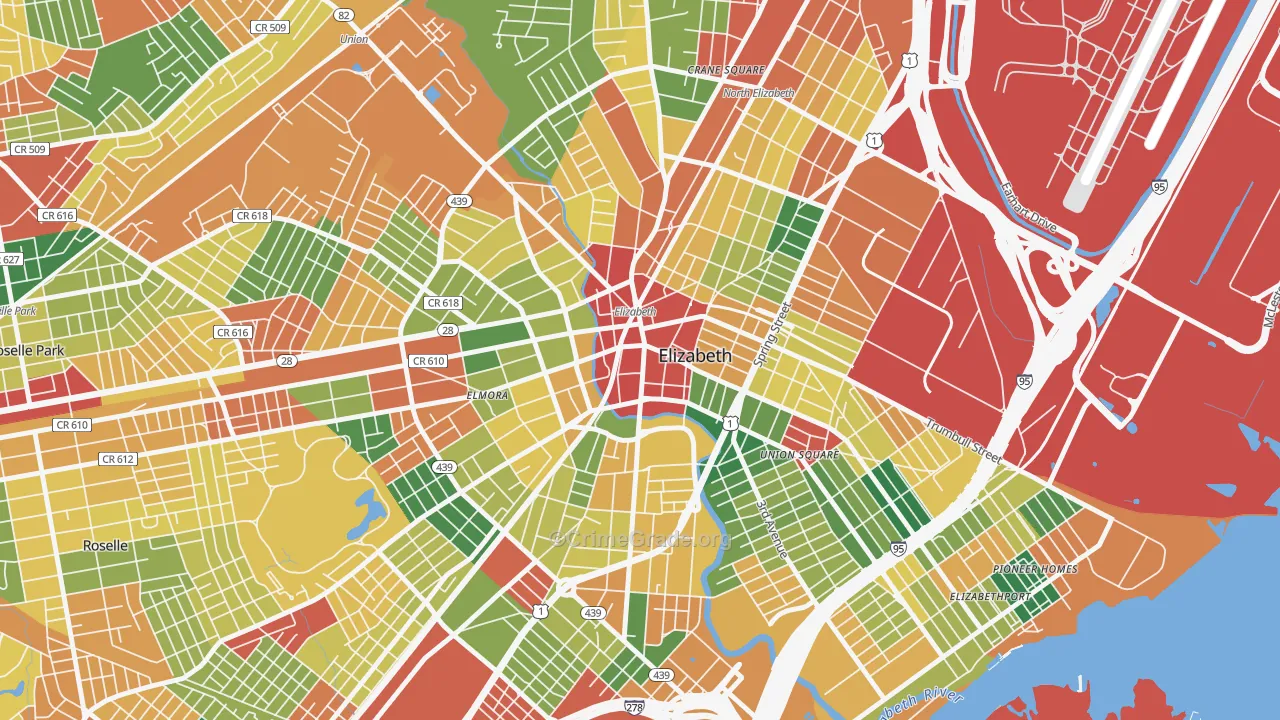 Downtown Elizabeth, Elizabeth, NJ Map of Theft Rates