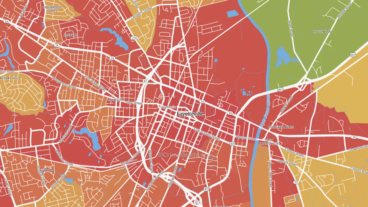 Downtown Fayetteville, Fayetteville, NC Map of Theft Rates