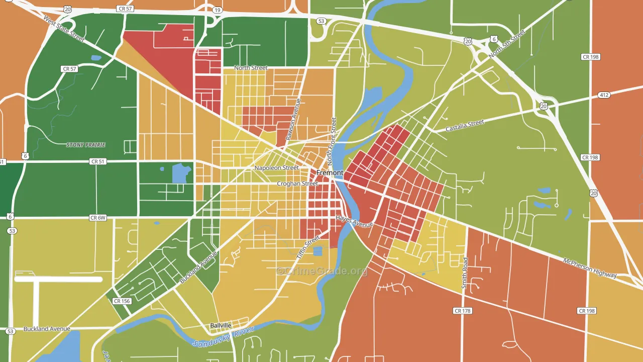 Downtown Fremont Historic District, Fremont, OH Map of Theft Rates