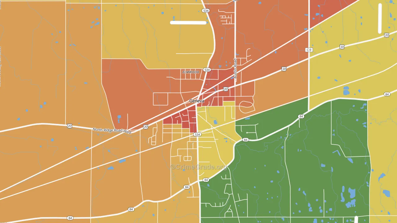 Downtown Geneva, Geneva, OH Map of Theft Rates