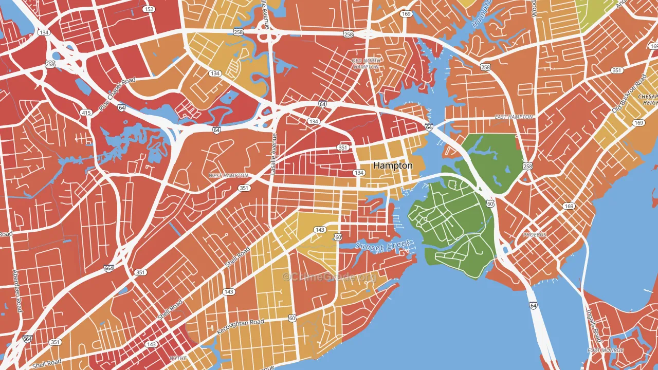 Downtown Hampton, Hampton, VA Map of Theft Rates