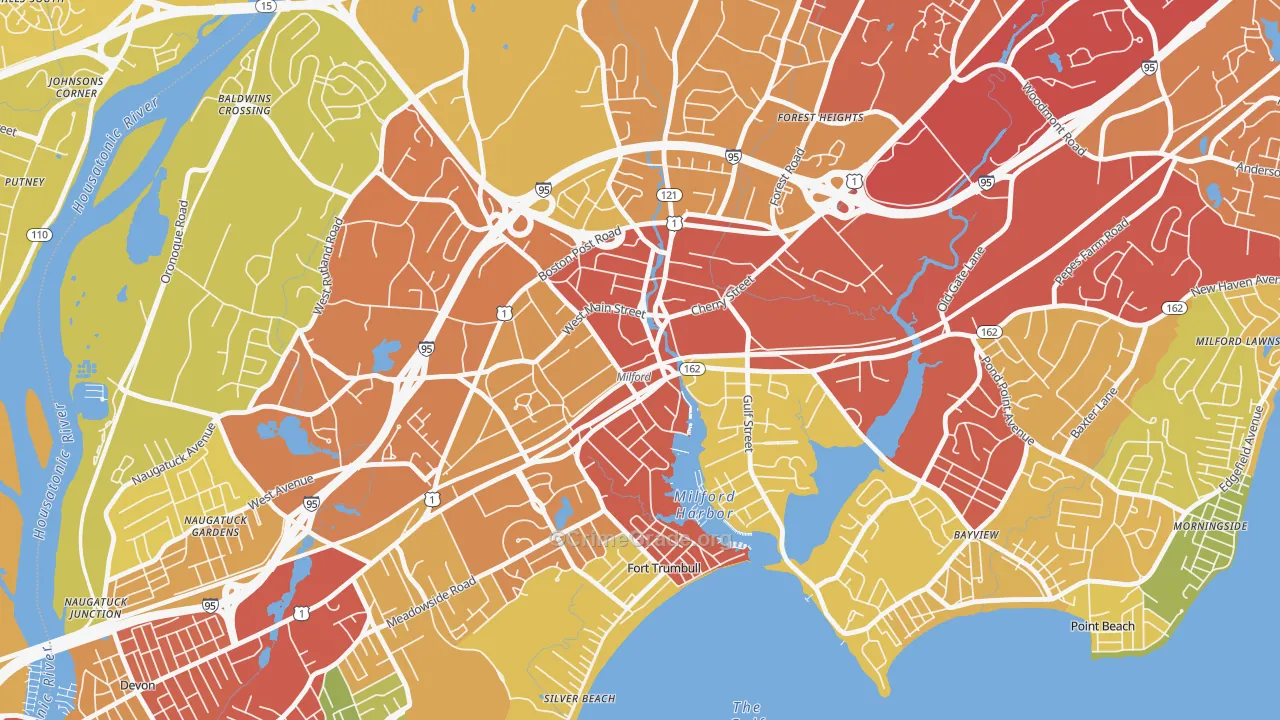 Downtown Harbor-Post Road South, Milford, CT Map of Theft Rates