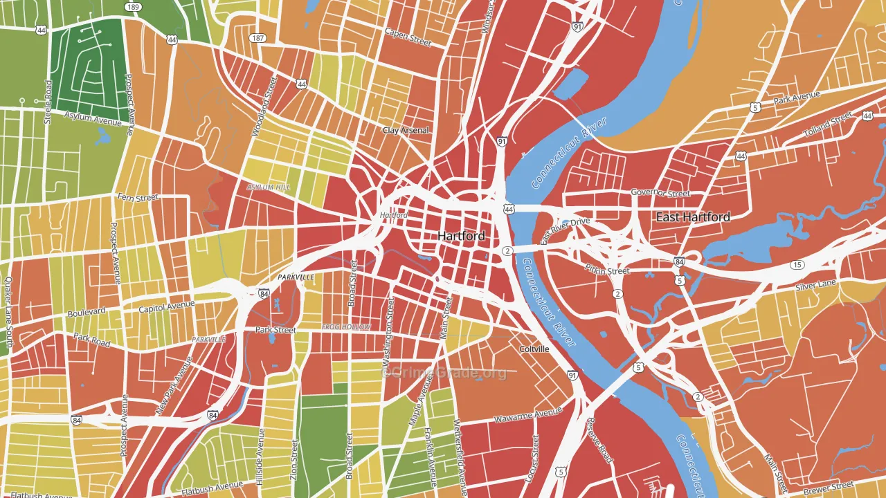 Downtown Hartford, Hartford, CT Map of Theft Rates