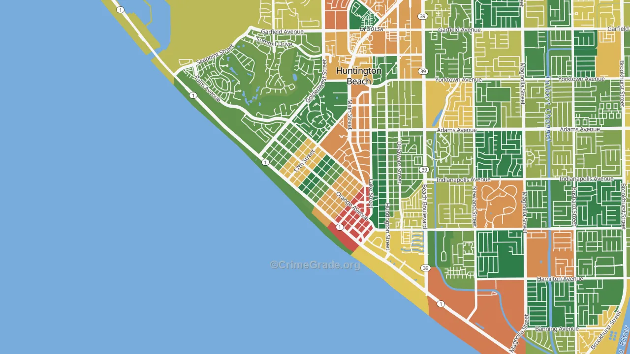 Downtown Huntington Beach, Huntington Beach, CA Map of Theft Rates