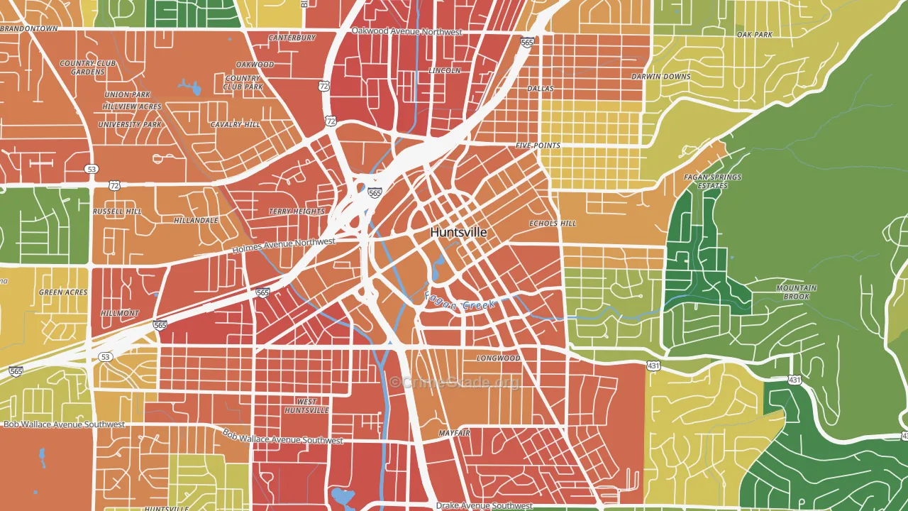 Downtown Huntsville, Huntsville, AL Map of Theft Rates