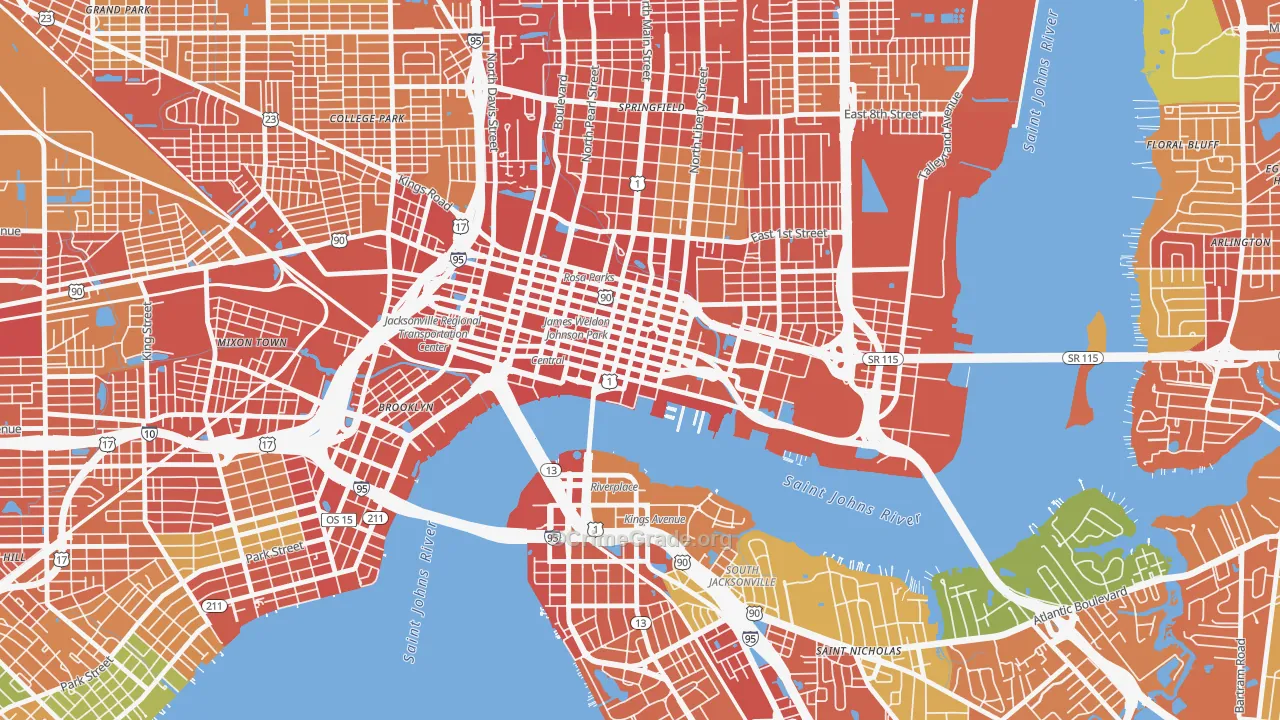 Downtown Jacksonville, Jacksonville, FL Map of Theft Rates