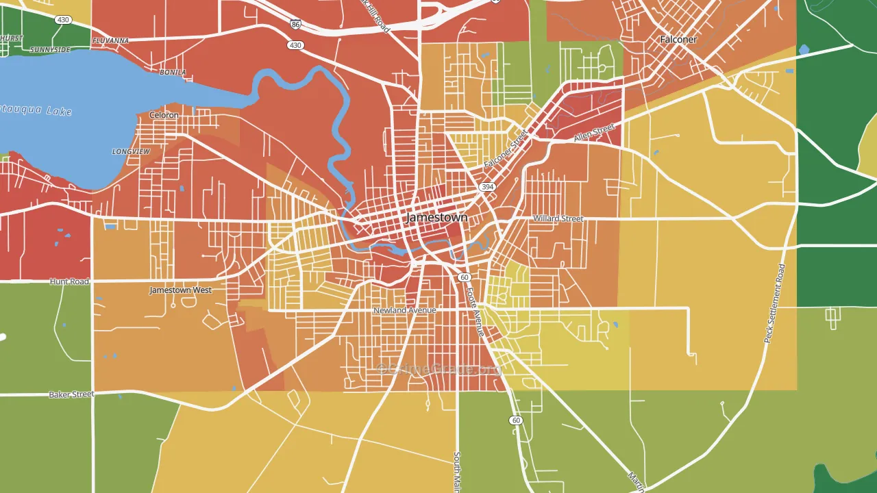 Downtown Jamestown, Jamestown, NY Map of Theft Rates