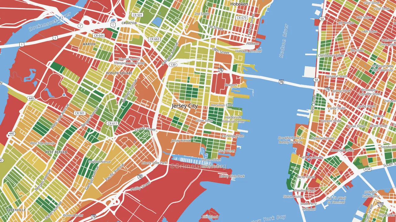 Downtown Jersey City, Jersey City, NJ Map of Theft Rates