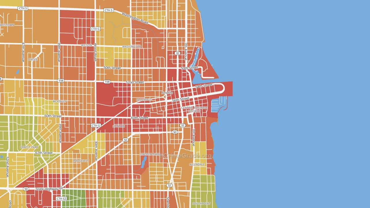 Downtown, Kenosha, WI Map of Theft Rates