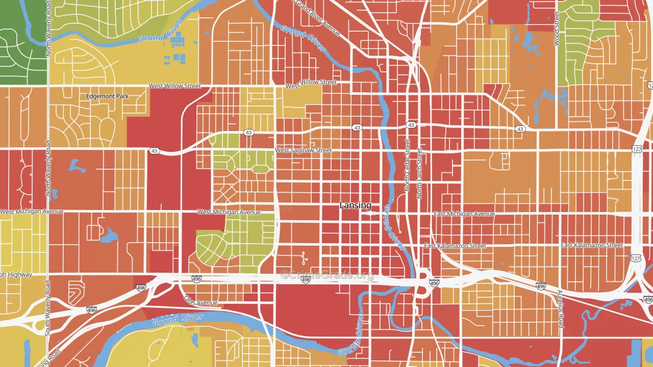 Downtown Lansing, Lansing, MI Map of Theft Rates