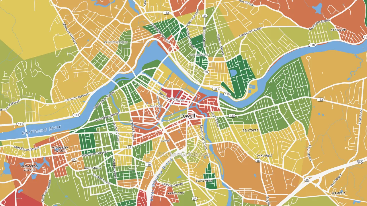 Downtown Lowell, Lowell, MA Map of Theft Rates