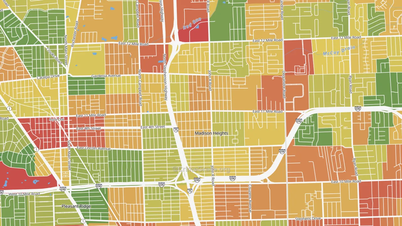 Downtown Madison Heights, Madison Heights, MI Map of Theft Rates