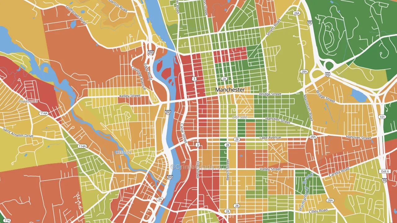 Downtown, Manchester, NH Map of Theft Rates