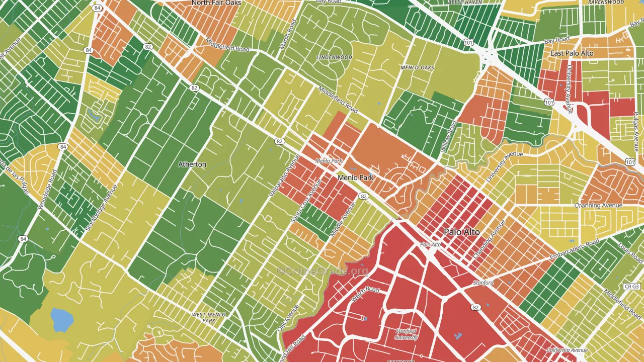 Downtown Menlo Park, Menlo Park, CA Map of Theft Rates