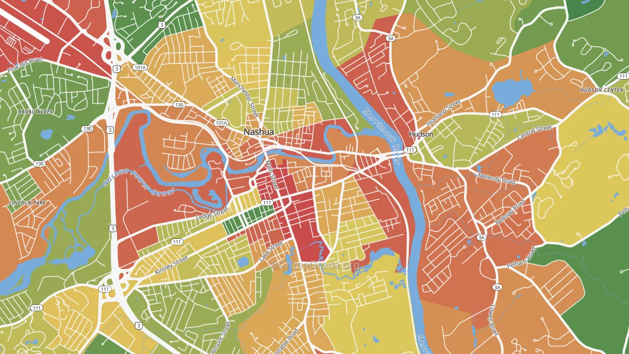 Downtown Nashua, Nashua, NH Map of Theft Rates