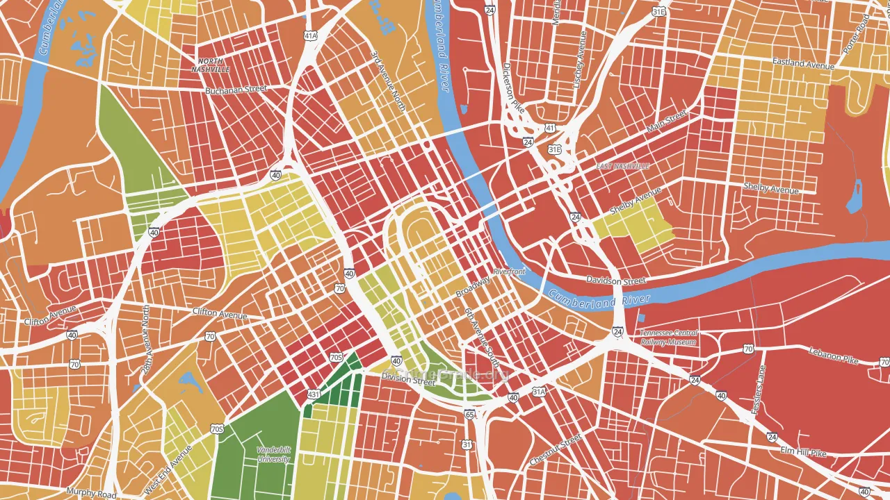 Downtown Nashville, Nashville, TN Map of Theft Rates