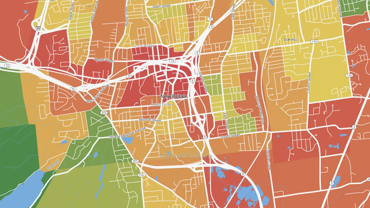 Downtown New Britain, New Britain, CT Map of Theft Rates