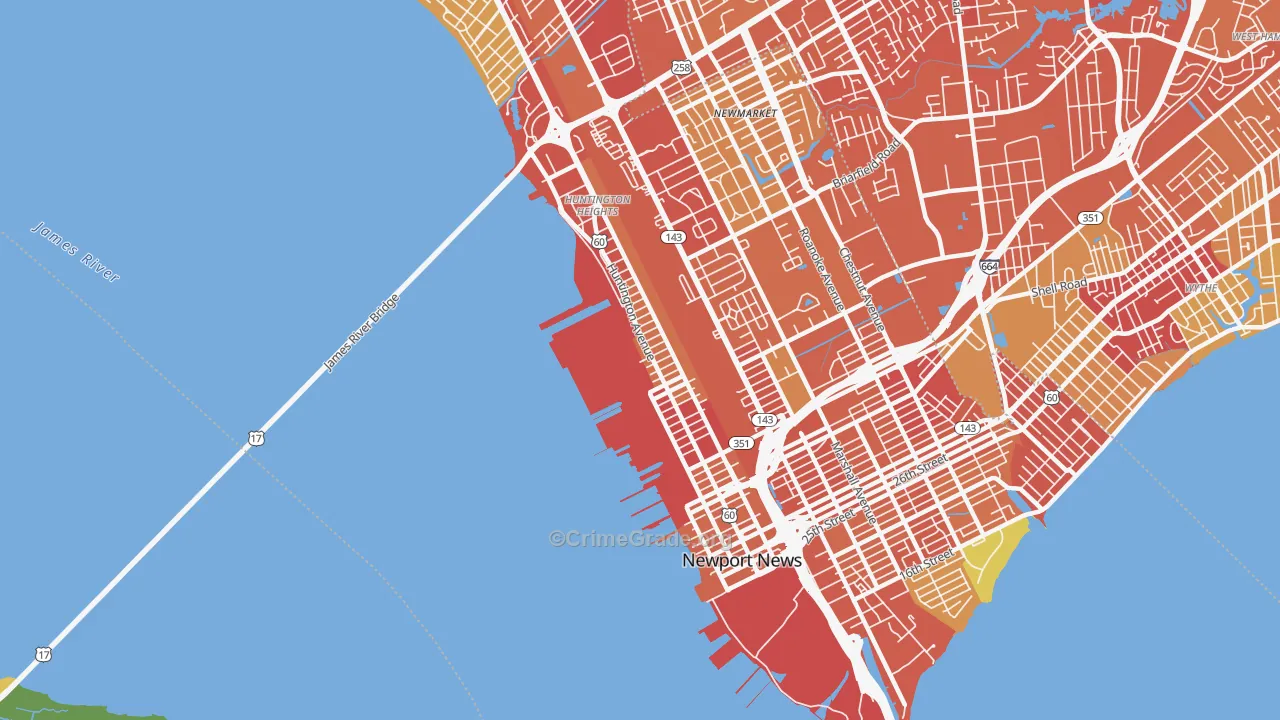 Downtown Newport News, Newport News, VA Map of Theft Rates