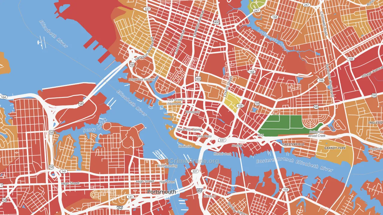 Downtown Norfolk, Norfolk, VA Map of Theft Rates