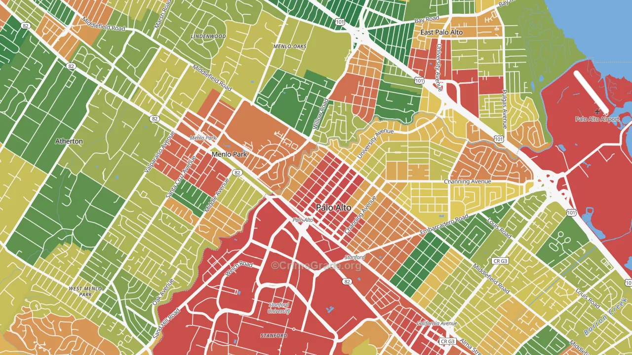Downtown North San Jose, Palo Alto, CA Map of Theft Rates