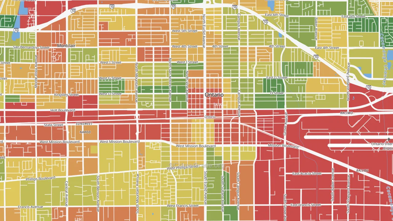Downtown Ontario, Ontario, CA Map of Theft Rates